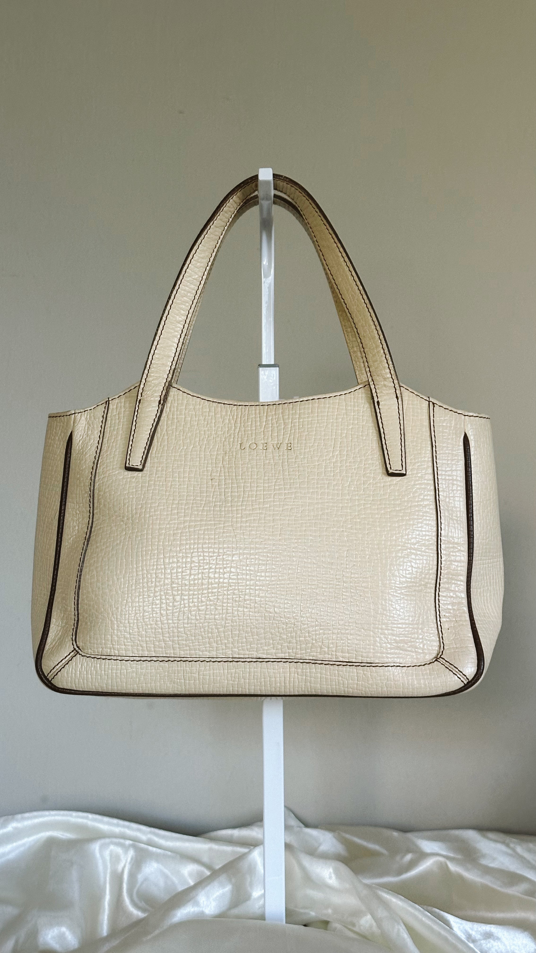 Vintage Loewe Cream Pebbled Leather Tote Bag | Made in Spain