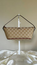 Vintage Gucci Tan Canvas Boat Bag Pochette | Red Leather Trim | Tom Ford Era