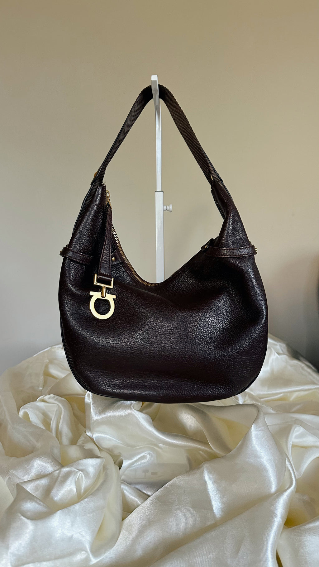 Vintage Salvatore Ferragamo Gancini Leather Hobo Bag | Dark Brown | Made in Italy